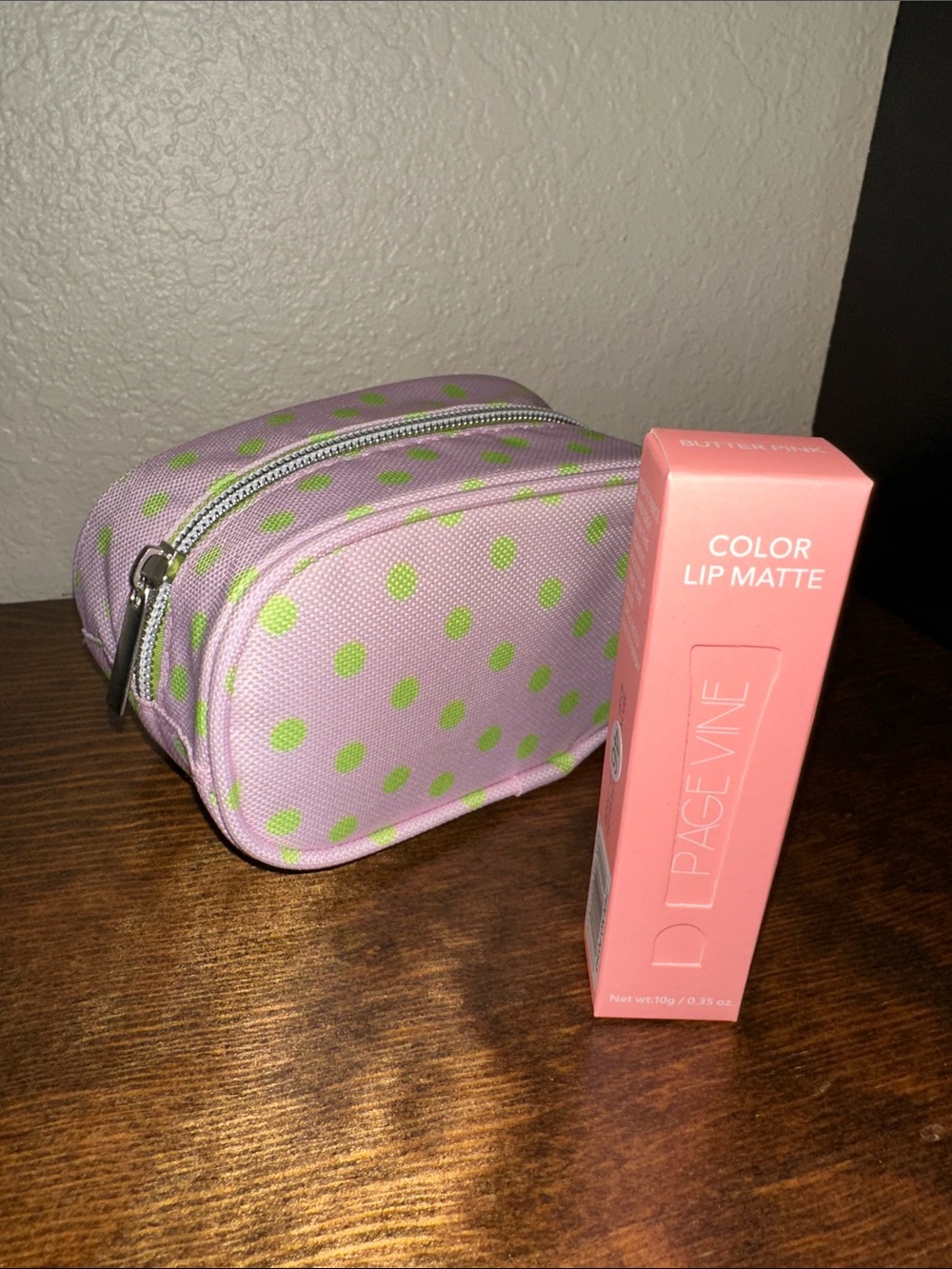 The Creme Shop Lavender Polka Dot Cosmetic Pouch with Green Dots & matte Lippy